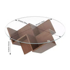 Table basse ronde en noyer de 35,4 po avec plateau en verre, piètement géométrique Art Déco et étagères de rangement