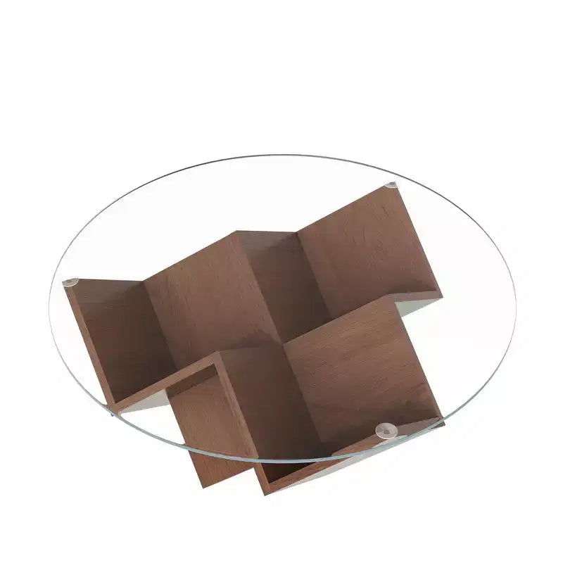 Table basse ronde en noyer de 35,4 po avec plateau en verre, piètement géométrique Art Déco et étagères de rangement