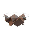 Table basse ronde en noyer de 35,4 po avec plateau en verre, piètement géométrique Art Déco et étagères de rangement