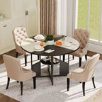 Table à manger ronde de 150 cm pour 4 à 6 personnes, table de cuisine ronde avec étagère de rangement à 2 niveaux et piètement croisé, grande table ronde avec cadre en bois et fer