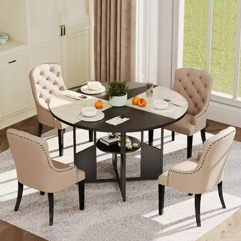 Table à manger ronde de 150 cm pour 4 à 6 personnes, table de cuisine ronde avec étagère de rangement à 2 niveaux et piètement croisé, grande table ronde avec cadre en bois et fer