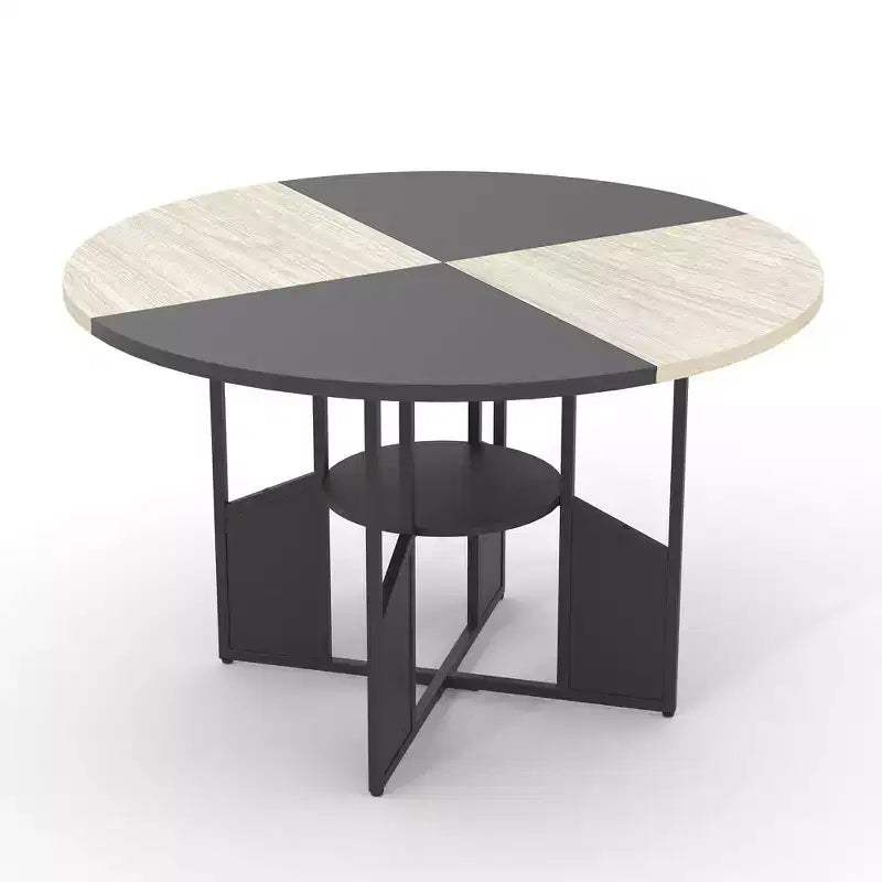 Table à manger ronde de 150 cm pour 4 à 6 personnes, table de cuisine ronde avec étagère de rangement à 2 niveaux et piètement croisé, grande table ronde avec cadre en bois et fer