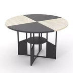 Table à manger ronde de 150 cm pour 4 à 6 personnes, table de cuisine ronde avec étagère de rangement à 2 niveaux et piètement croisé, grande table ronde avec cadre en bois et fer