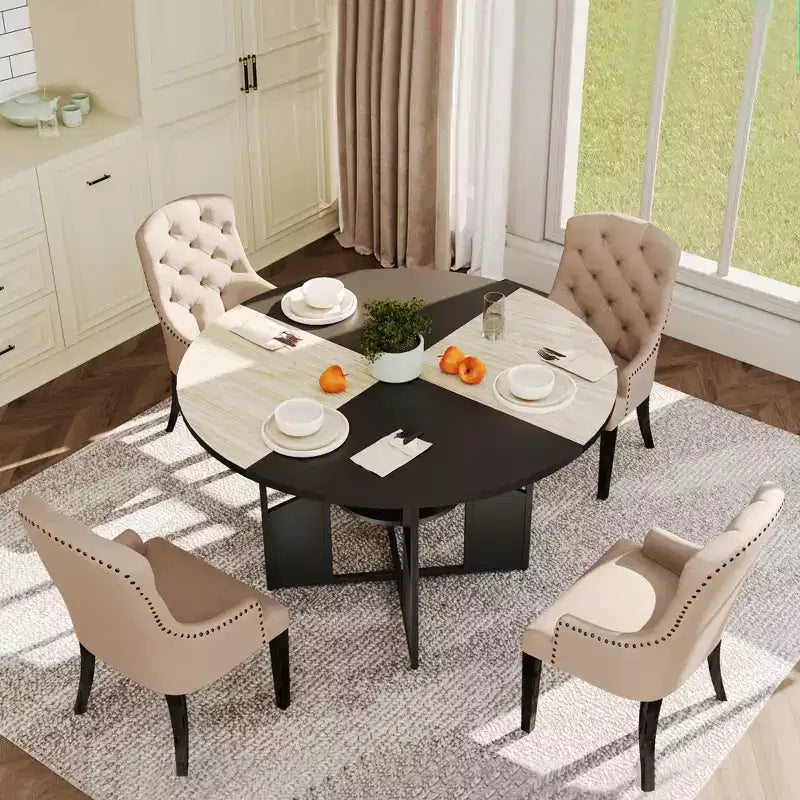 Table à manger ronde de 150 cm pour 4 à 6 personnes, table de cuisine ronde avec étagère de rangement à 2 niveaux et piètement croisé, grande table ronde avec cadre en bois et fer