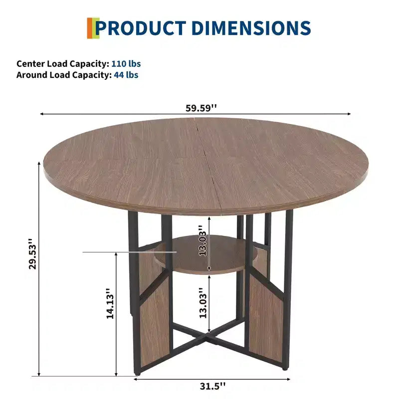 Table à manger ronde de 150 cm pour 4 à 6 personnes, table de cuisine ronde avec étagère de rangement à 2 niveaux et piètement croisé, grande table ronde avec cadre en bois et fer