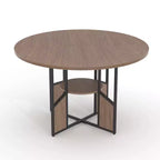 Table à manger ronde de 150 cm pour 4 à 6 personnes, table de cuisine ronde avec étagère de rangement à 2 niveaux et piètement croisé, grande table ronde avec cadre en bois et fer