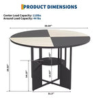 Table à manger ronde de 150 cm pour 4 à 6 personnes, table de cuisine ronde avec étagère de rangement à 2 niveaux et piètement croisé, grande table ronde avec cadre en bois et fer
