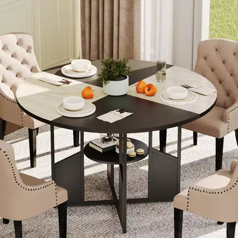 Table à manger ronde de 150 cm pour 4 à 6 personnes, table de cuisine ronde avec étagère de rangement à 2 niveaux et piètement croisé, grande table ronde avec cadre en bois et fer