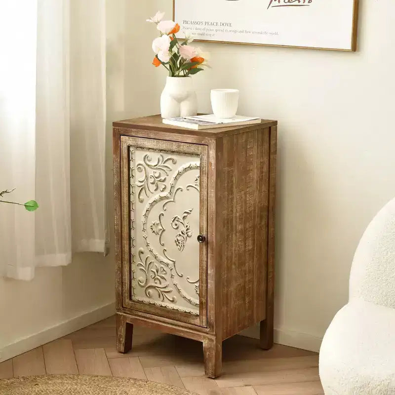 Table d'appoint florentine vintage avec panneau de porte floral, 42 x 35,5 x 79 cm, armoire de rangement intérieure, finition naturelle et crème
