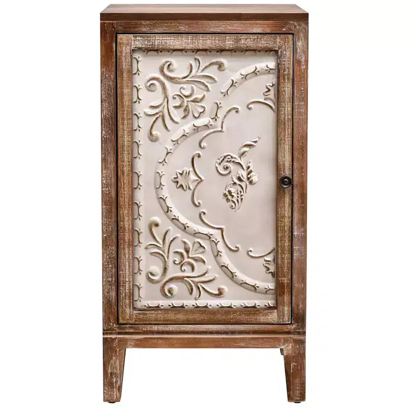Table d'appoint florentine vintage avec panneau de porte floral, 42 x 35,5 x 79 cm, armoire de rangement intérieure, finition naturelle et crème