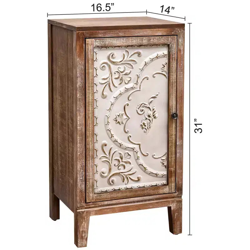 Table d'appoint florentine vintage avec panneau de porte floral, 42 x 35,5 x 79 cm, armoire de rangement intérieure, finition naturelle et crème