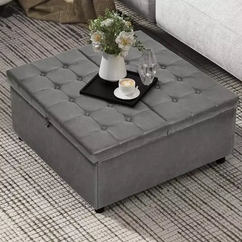Pouffe de rangement carré de 35,5 pouces, grande table basse de rangement, grand pouffe de 500 lb avec rangement pour le salon, gris