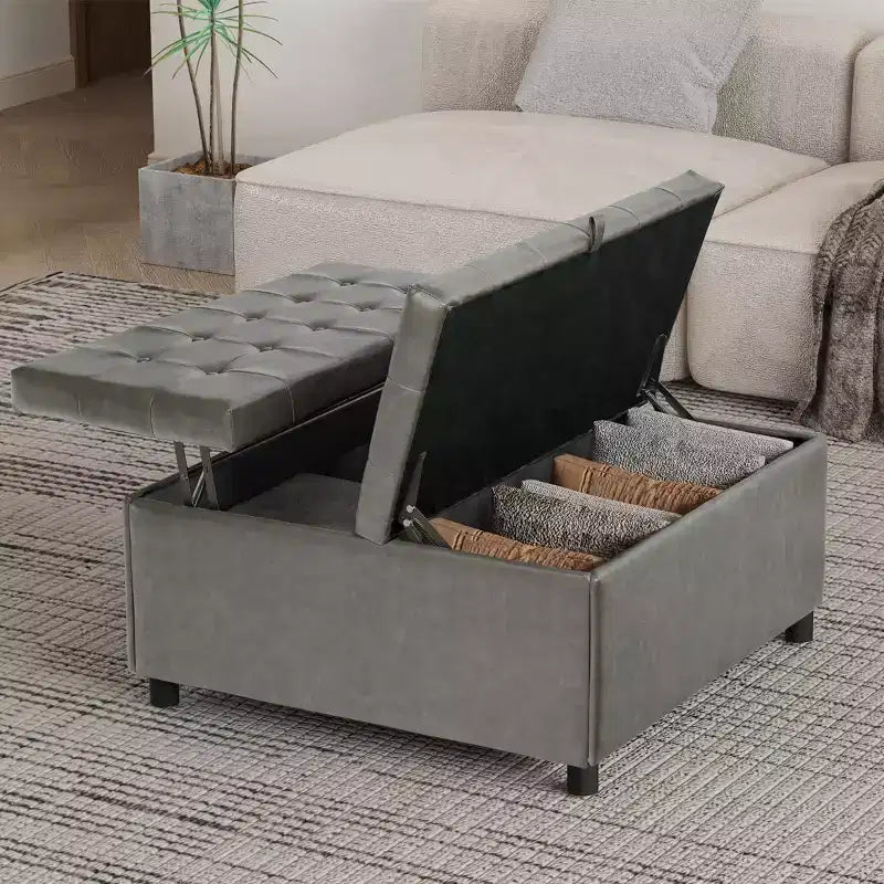 Pouffe de rangement carré de 35,5 pouces, grande table basse de rangement, grand pouffe de 500 lb avec rangement pour le salon, gris