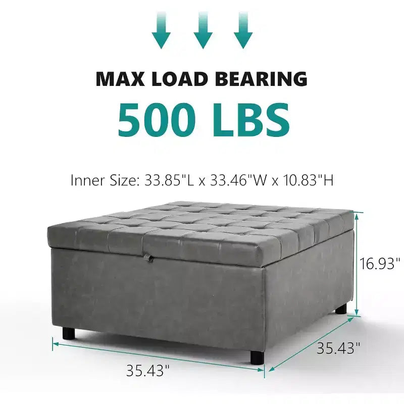 Pouffe de rangement carré de 35,5 pouces, grande table basse de rangement, grand pouffe de 500 lb avec rangement pour le salon, gris