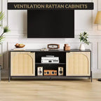 Meuble TV avec 3 tiroirs pour salon, Meuble TV avec rangement, Console média en rotin avec pieds en métal, Meuble TV en bois noir