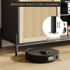 Meuble TV avec 3 tiroirs pour salon, Meuble TV avec rangement, Console média en rotin avec pieds en métal, Meuble TV en bois noir