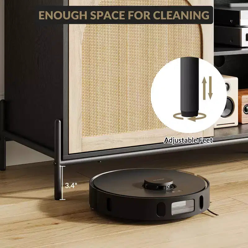 Meuble TV avec 3 tiroirs pour salon, Meuble TV avec rangement, Console média en rotin avec pieds en métal, Meuble TV en bois noir
