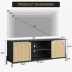 Meuble TV avec 3 tiroirs pour salon, Meuble TV avec rangement, Console média en rotin avec pieds en métal, Meuble TV en bois noir