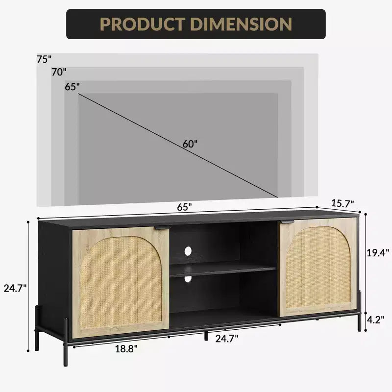 Meuble TV avec 3 tiroirs pour salon, Meuble TV avec rangement, Console média en rotin avec pieds en métal, Meuble TV en bois noir