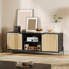 Meuble TV avec 3 tiroirs pour salon, Meuble TV avec rangement, Console média en rotin avec pieds en métal, Meuble TV en bois noir