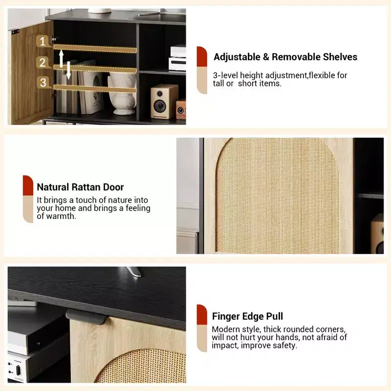 Meuble TV avec 3 tiroirs pour salon, Meuble TV avec rangement, Console média en rotin avec pieds en métal, Meuble TV en bois noir
