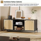 Meuble TV avec 3 tiroirs pour salon, Meuble TV avec rangement, Console média en rotin avec pieds en métal, Meuble TV en bois noir