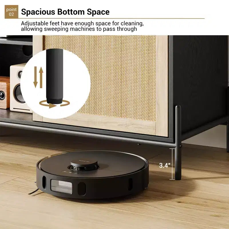 Meuble TV avec 3 tiroirs pour salon, Meuble TV avec rangement, Console média en rotin avec pieds en métal, Meuble TV en bois noir