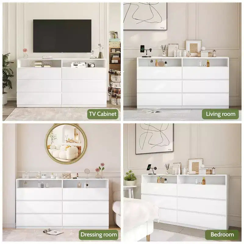 Commode Moderne 6 Tiroirs pour Chambre à Coucher avec Lumières LED/Prise Électrique, Meuble TV Double Large de Rangement pour Salon