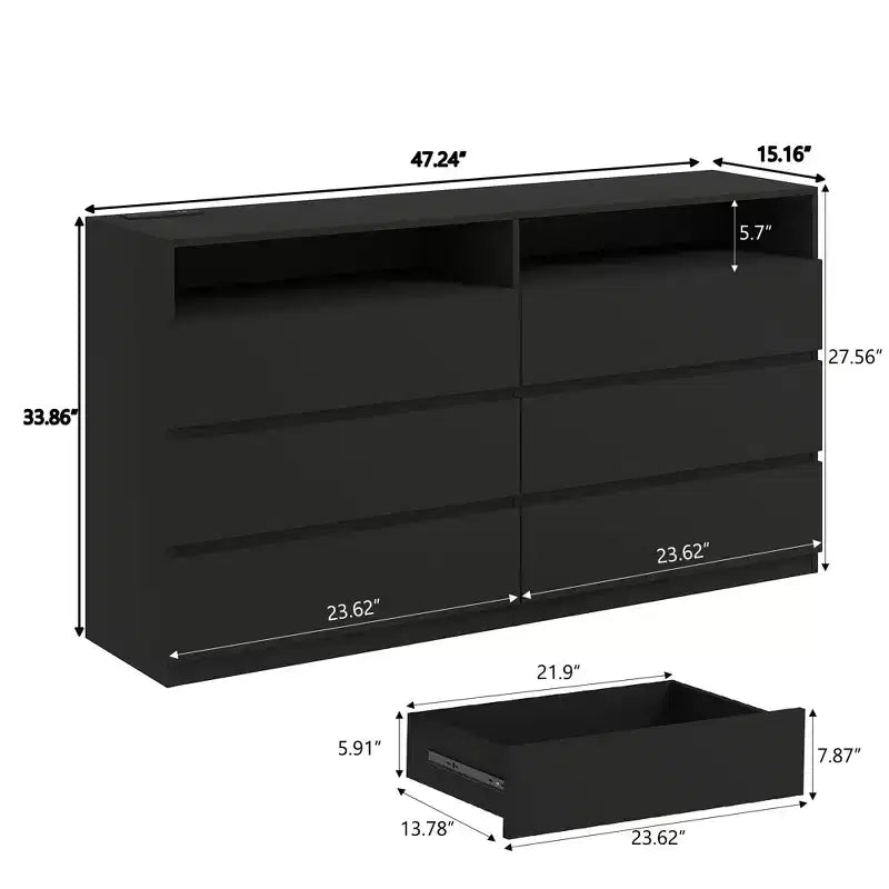 Commode Moderne 6 Tiroirs pour Chambre à Coucher avec Lumières LED/Prise Électrique, Meuble TV Double Large de Rangement pour Salon