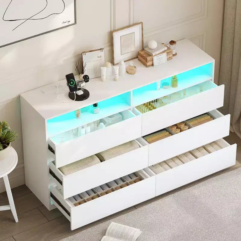 Commode Moderne 6 Tiroirs pour Chambre à Coucher avec Lumières LED/Prise Électrique, Meuble TV Double Large de Rangement pour Salon