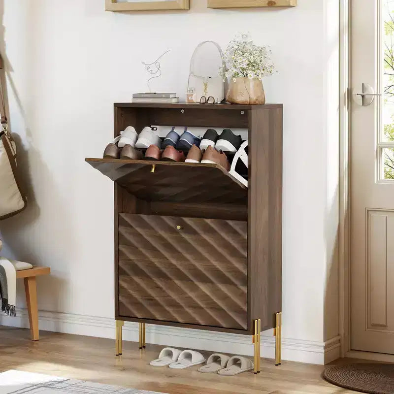Meuble à chaussures autoportant moderne avec 2 tiroirs basculants, étagère à chaussures de rangement de style Mid-Century pour couloirs, entrées