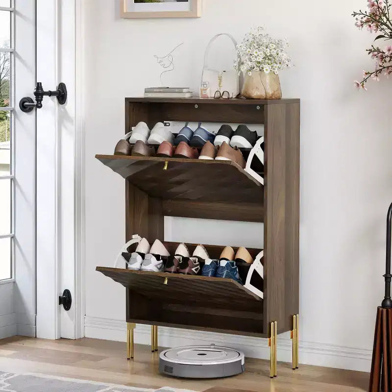 Meuble à chaussures autoportant moderne avec 2 tiroirs basculants, étagère à chaussures de rangement de style Mid-Century pour couloirs, entrées