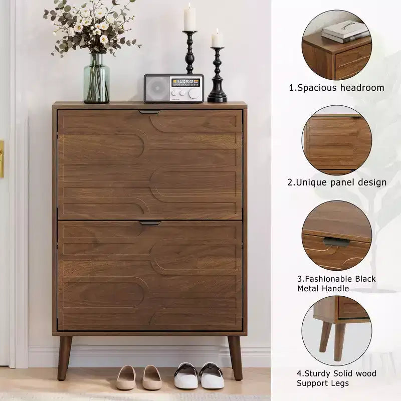 Meuble à chaussures autoportant moderne avec 2 tiroirs basculants, étagère à chaussures de rangement de style Mid-Century pour couloirs, entrées