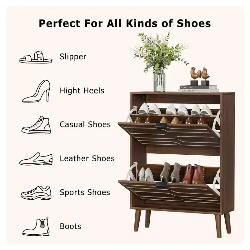 Meuble à chaussures autoportant moderne avec 2 tiroirs basculants, étagère à chaussures de rangement de style Mid-Century pour couloirs, entrées