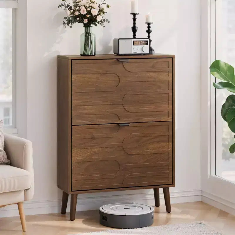 Meuble à chaussures autoportant moderne avec 2 tiroirs basculants, étagère à chaussures de rangement de style Mid-Century pour couloirs, entrées