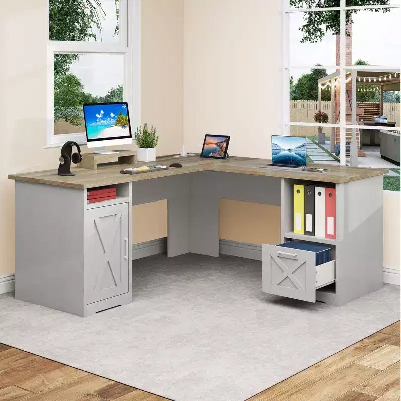 Bureau d'angle en forme de L de 60 pouces avec tiroir de classement et armoire de rangement pour bureau à domicile, salle d'étude