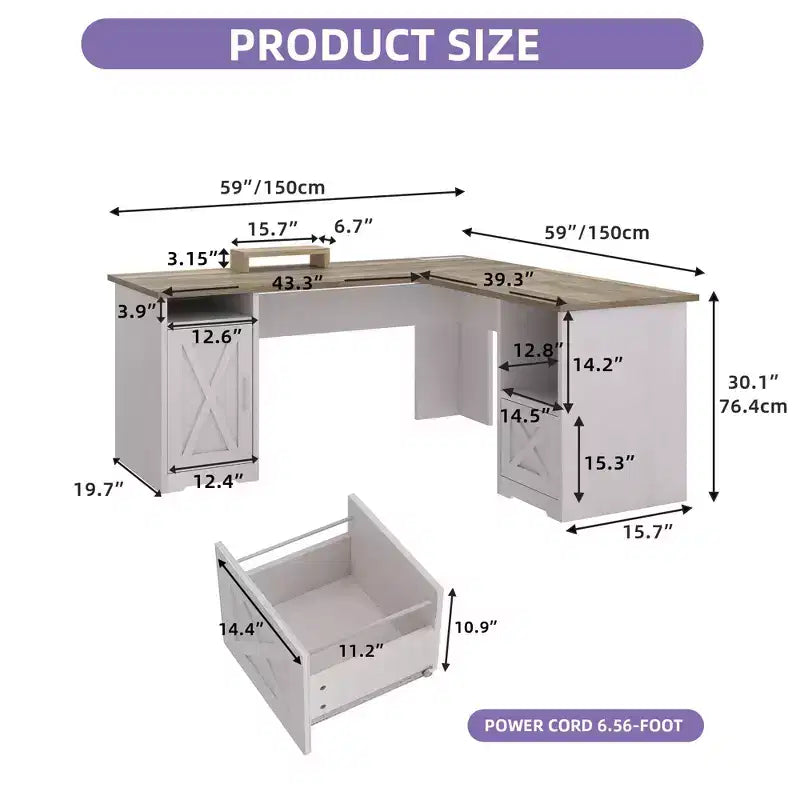 Bureau d'angle en forme de L de 60 pouces avec tiroir de classement et armoire de rangement pour bureau à domicile, salle d'étude