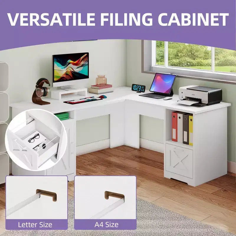 Bureau d'angle en forme de L de 60 pouces avec tiroir de classement et armoire de rangement pour bureau à domicile, salle d'étude