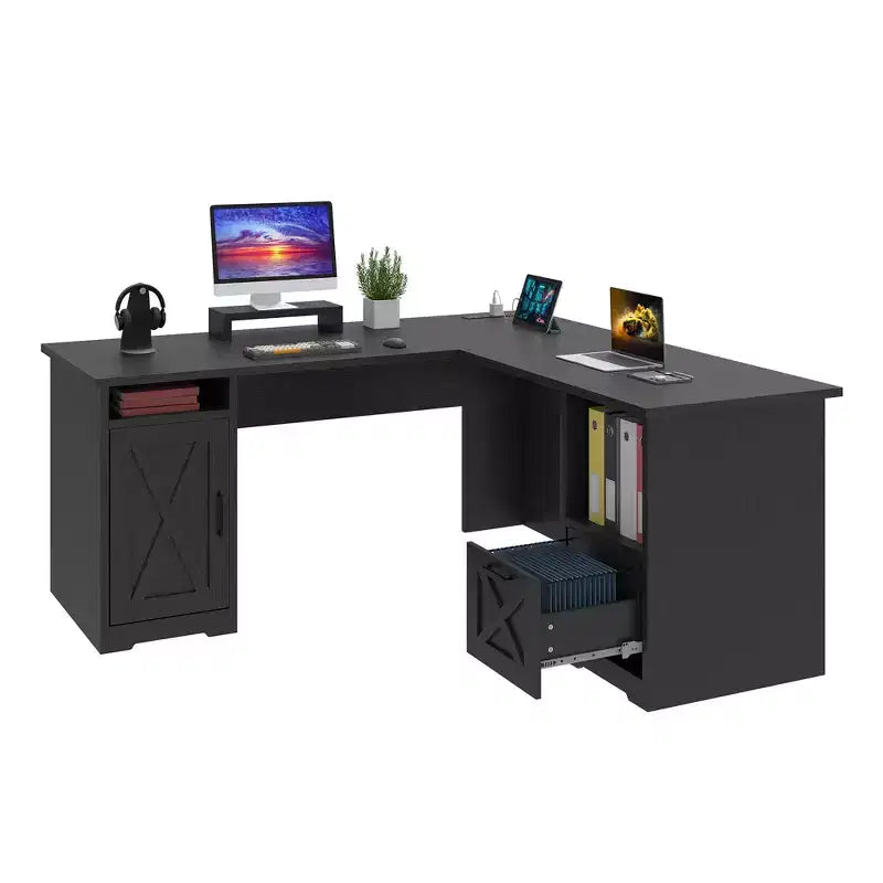 Bureau d'angle en forme de L de 60 pouces avec tiroir de classement et armoire de rangement pour bureau à domicile, salle d'étude