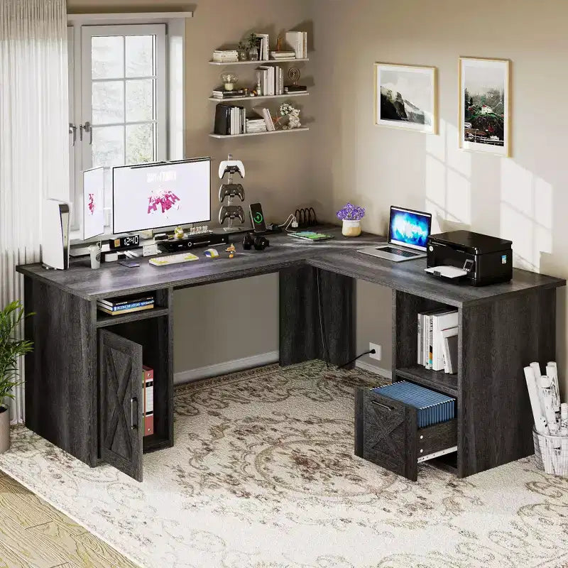Bureau d'angle en forme de L de 60 pouces avec tiroir de classement et armoire de rangement pour bureau à domicile, salle d'étude