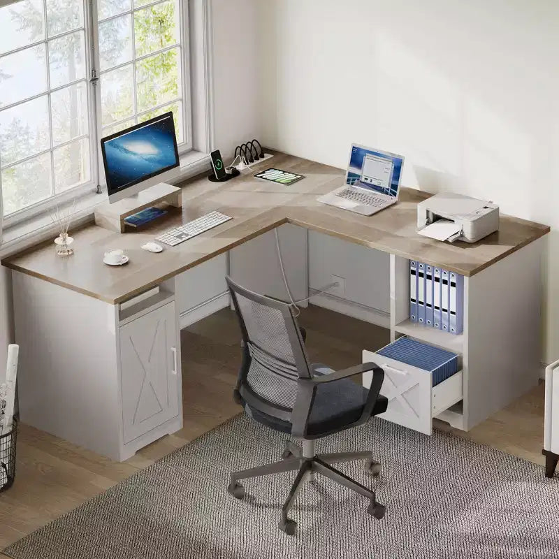 Bureau d'angle en forme de L de 60 pouces avec tiroir de classement et armoire de rangement pour bureau à domicile, salle d'étude