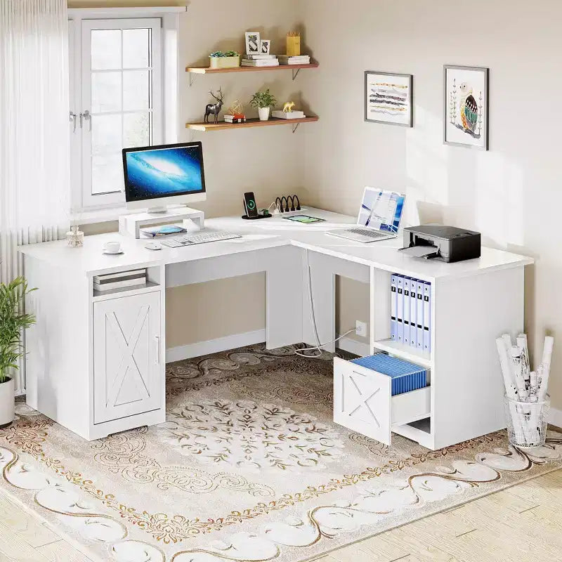 Bureau d'angle en forme de L de 60 pouces avec tiroir de classement et armoire de rangement pour bureau à domicile, salle d'étude