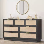 Commode en rotin à 7 tiroirs, 140 cm de large, avec poignées en métal et base en bois robuste pour chambre à coucher, salon, chambre d'enfant