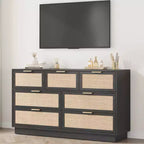 Commode en rotin à 7 tiroirs, 140 cm de large, avec poignées en métal et base en bois robuste pour chambre à coucher, salon, chambre d'enfant
