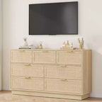 Commode en rotin à 7 tiroirs, 140 cm de large, avec poignées en métal et base en bois robuste pour chambre à coucher, salon, chambre d'enfant