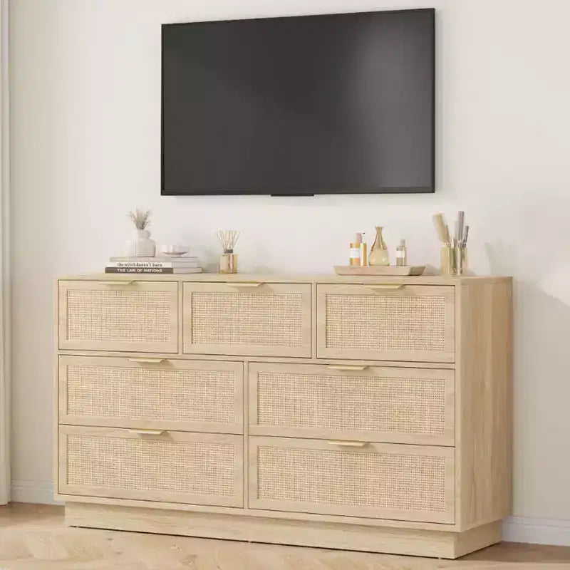 Commode en rotin à 7 tiroirs, 140 cm de large, avec poignées en métal et base en bois robuste pour chambre à coucher, salon, chambre d'enfant