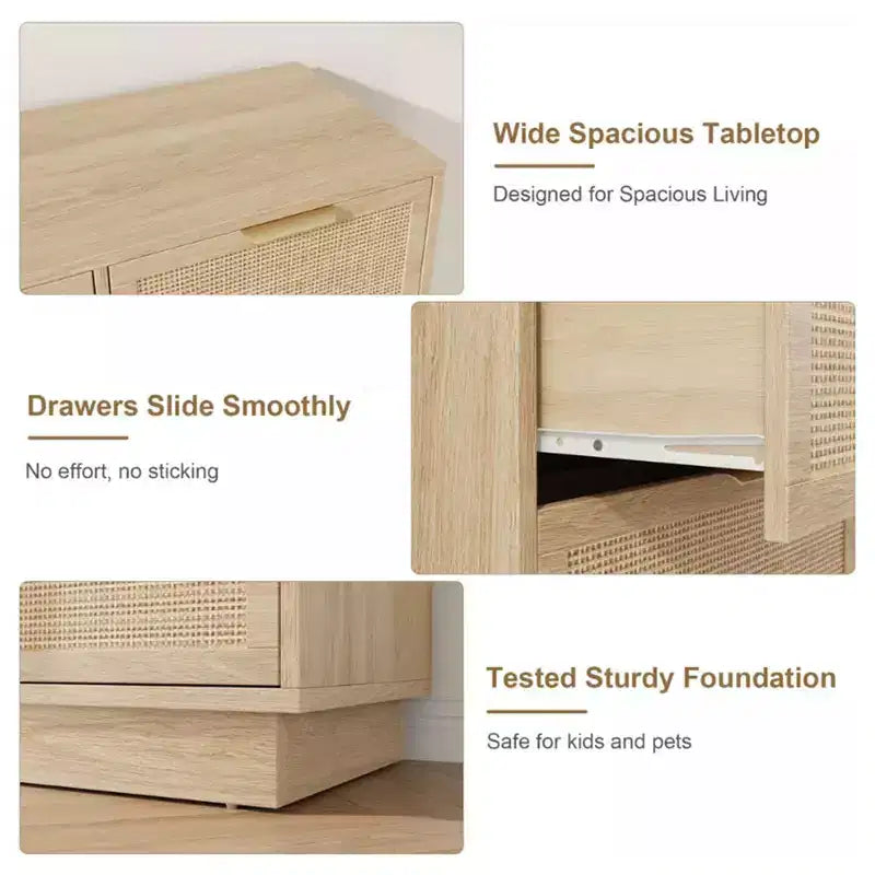 Commode en rotin à 7 tiroirs, 140 cm de large, avec poignées en métal et base en bois robuste pour chambre à coucher, salon, chambre d'enfant