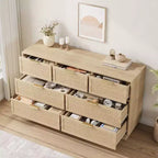 Commode en rotin à 7 tiroirs, 140 cm de large, avec poignées en métal et base en bois robuste pour chambre à coucher, salon, chambre d'enfant