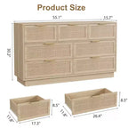 Commode en rotin à 7 tiroirs, 140 cm de large, avec poignées en métal et base en bois robuste pour chambre à coucher, salon, chambre d'enfant