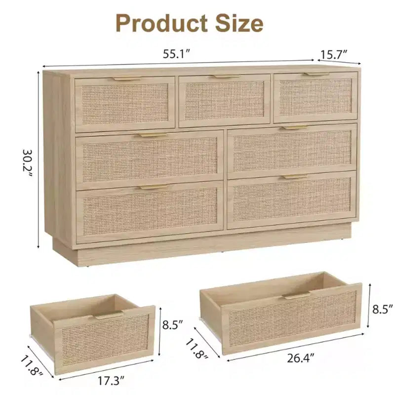 Commode en rotin à 7 tiroirs, 140 cm de large, avec poignées en métal et base en bois robuste pour chambre à coucher, salon, chambre d'enfant